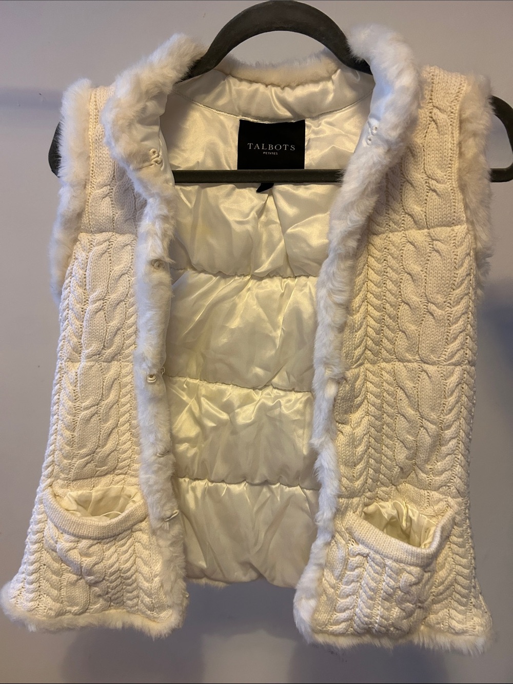 Talbots Ivory Cable Knit Puffer Vest with Faux Fur Trim